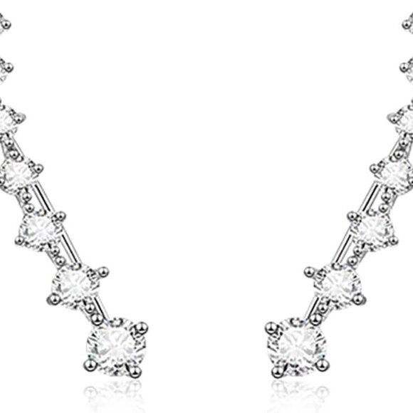 Solid 925 Sterling Silver 7 Crystals Cuff Earrings Climber for Women Crawler Ear - Picture 1 of 8